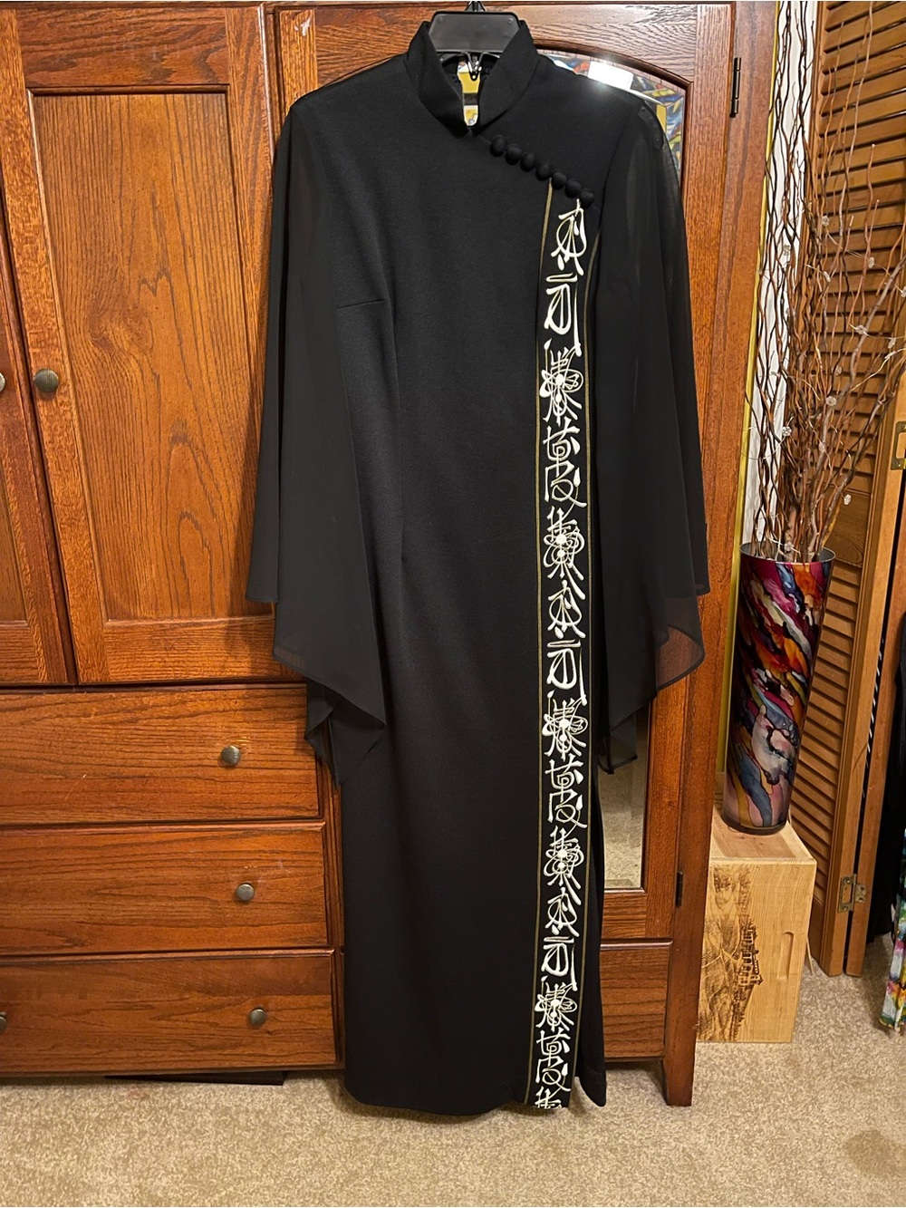 Black Embroidered Long Dress with Mandarin Collar